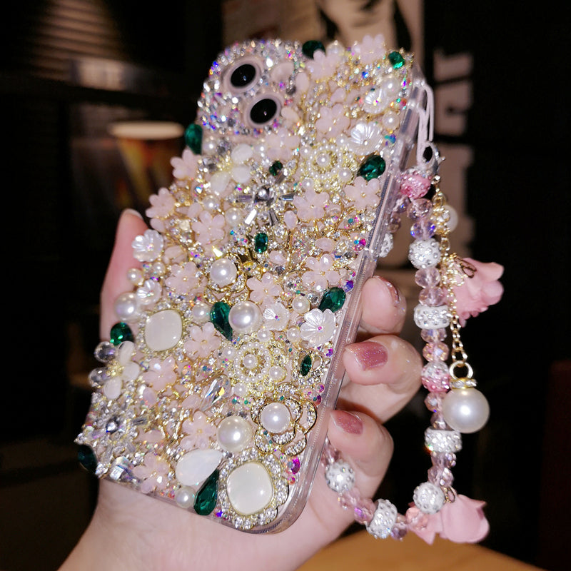 Handmade iPhone Case Luxury Bling Rhinestone Pearl and Green Crystals with Flowers