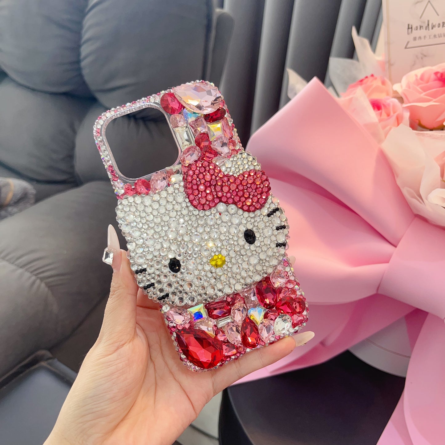 3D Hello Kitty Gorgeous Bling Rose Red Gemstone For iPhone Samsung Case