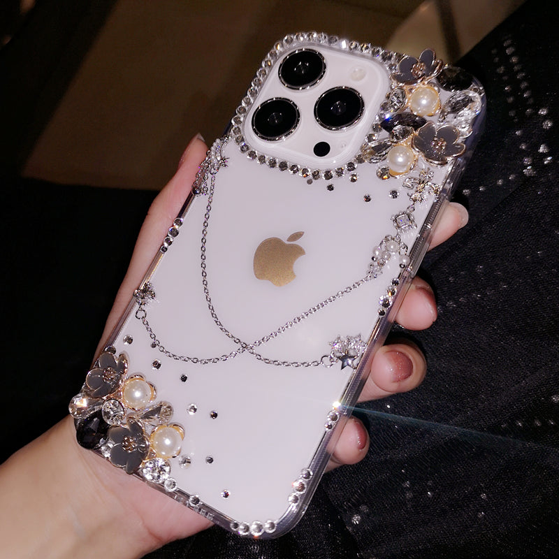 Handmade iPhone Case Minimalist Flowers Rhinestone Back Case