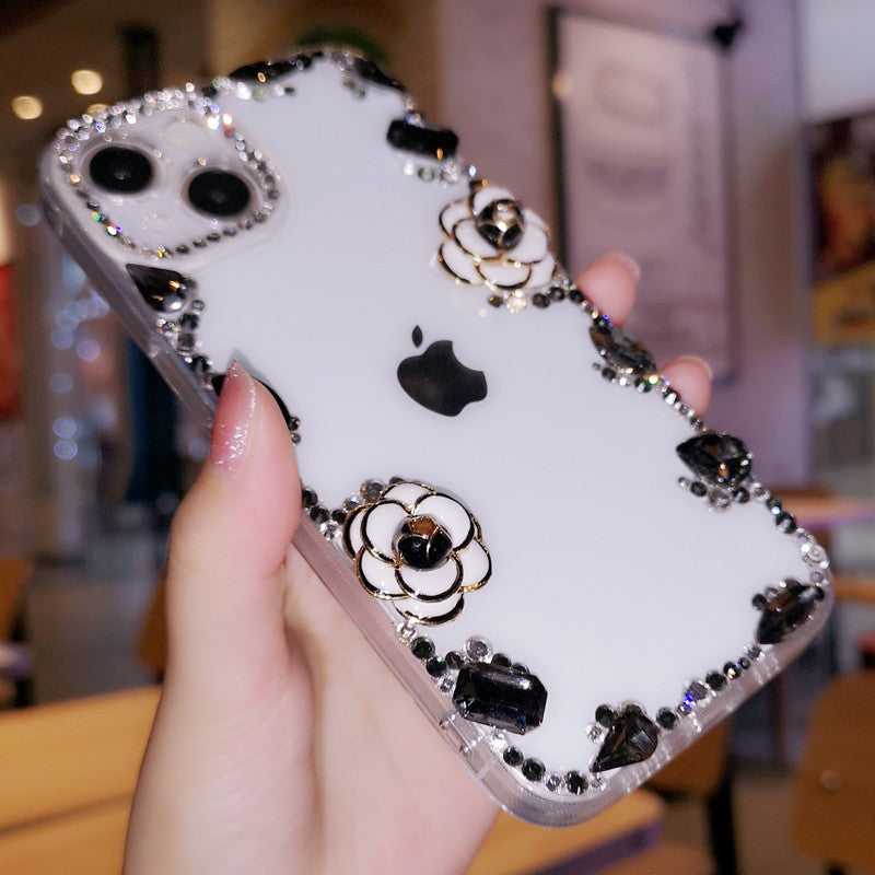 Handgemachte iPhone Hülle Minimalistische Blumen Strass Kristalle mit Charm Kette
