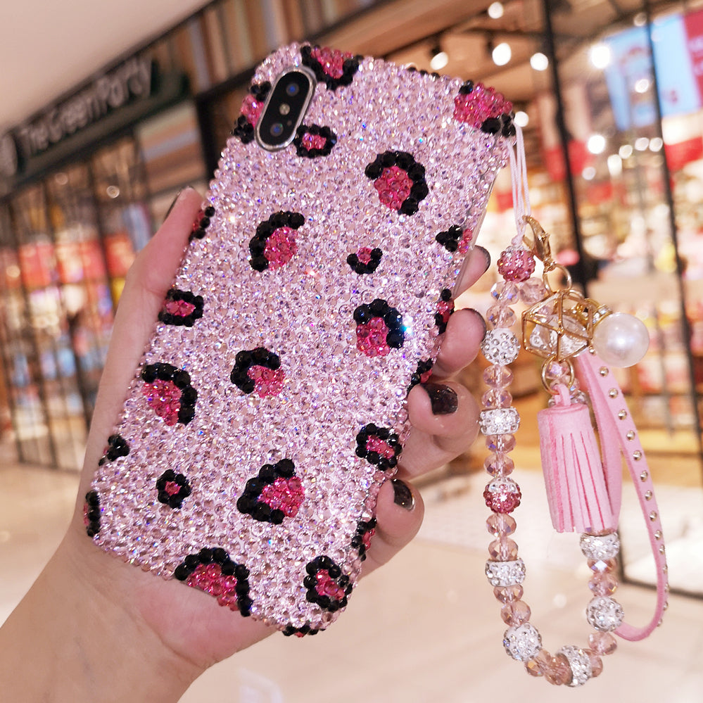 Handmade iPhone Case Luxury Bling Rhinestone Pink Leopard Case with Charm Chain