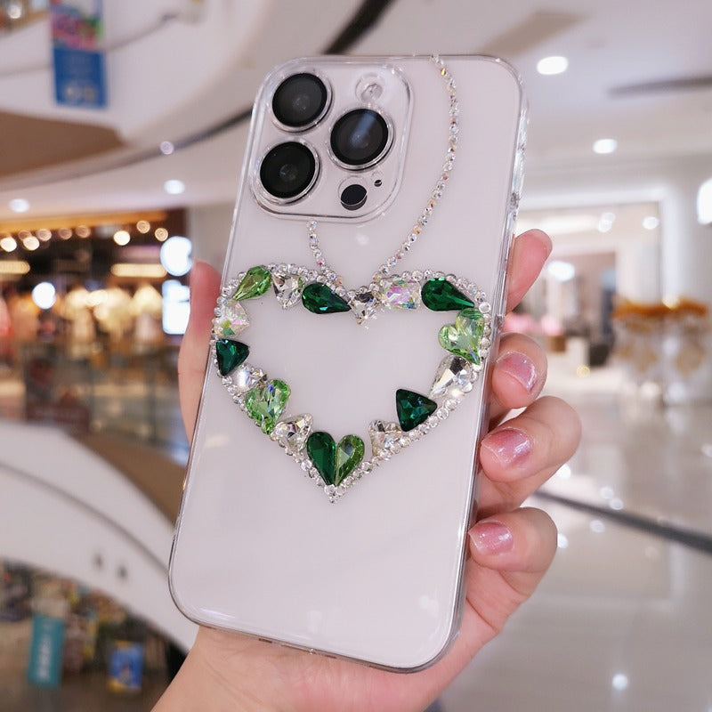 Handmade Minimalist Green Bling Crystals with Heart For iPhone Case
