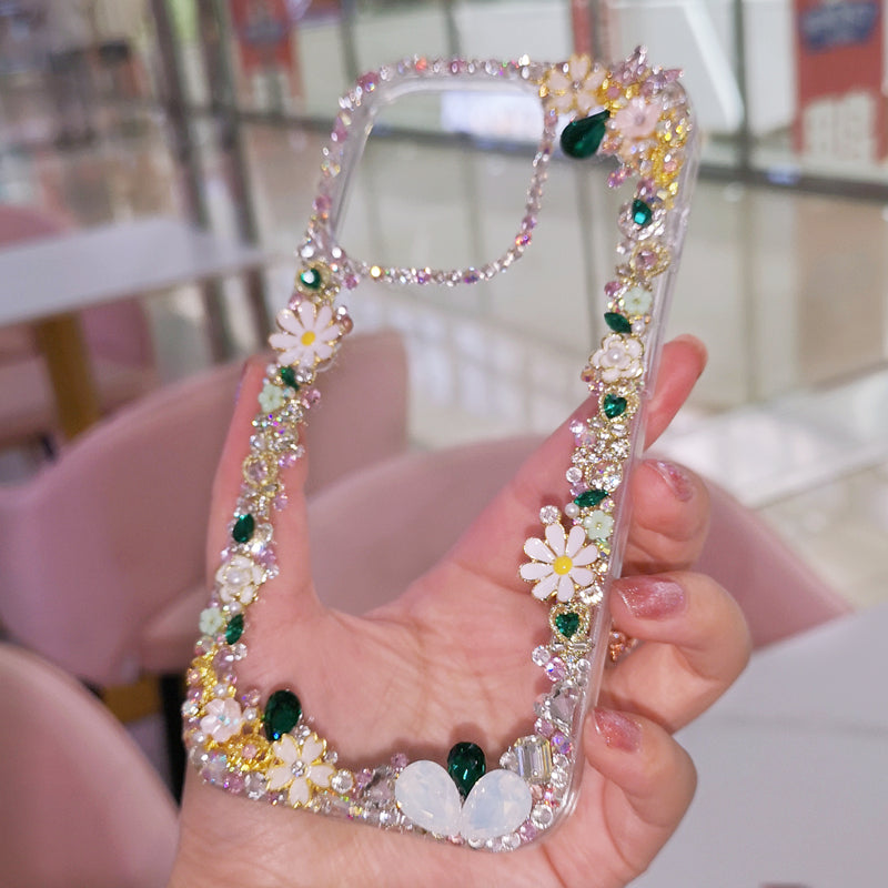 Handgemachte iPhone Hülle Minimalistisch Grün Strass mit Blume