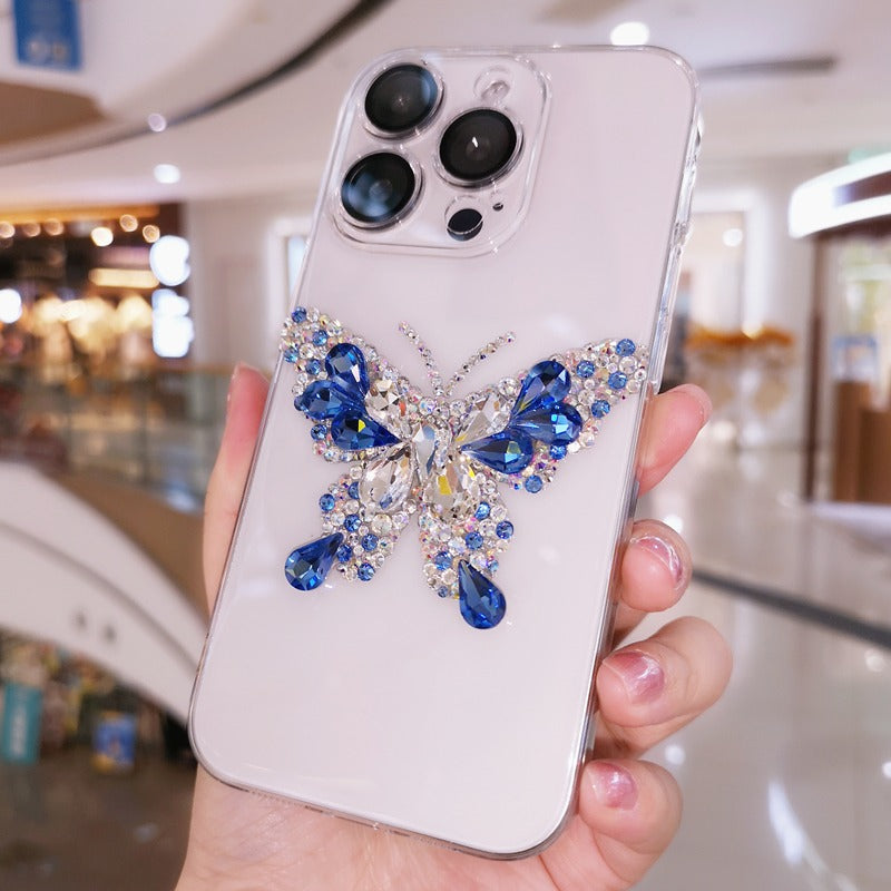 Handmade Minimalist Blue Bling Crystals with Butterfly For iPhone Case