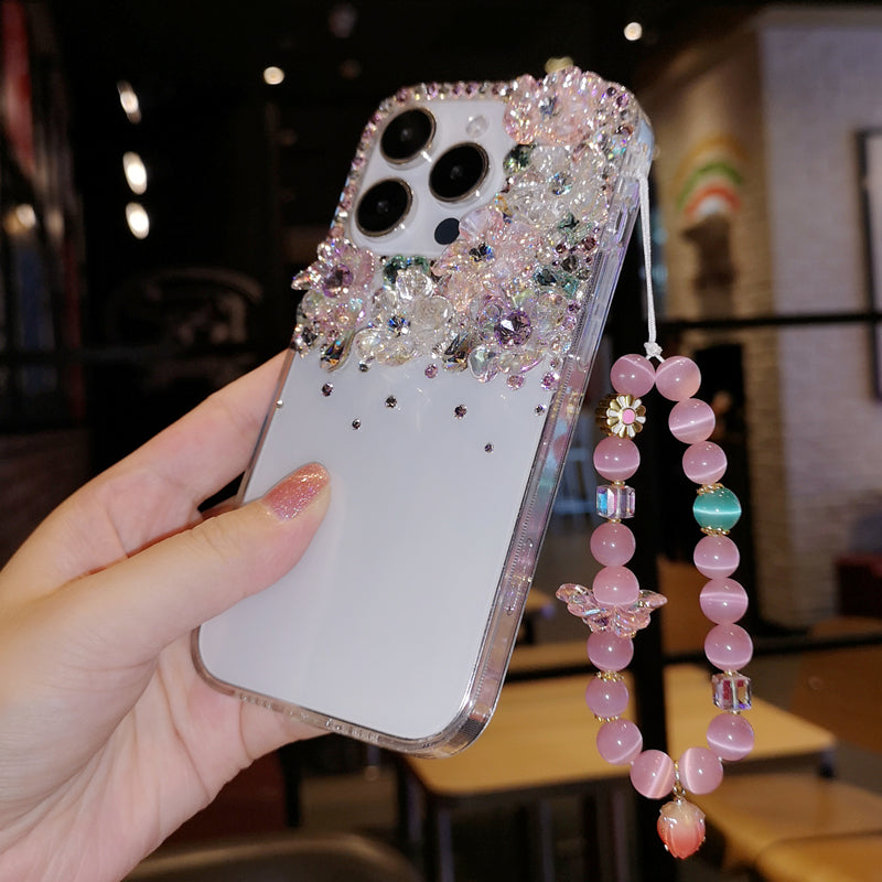 Handgemachte iPhone Hülle Minimalist Blumen Bling Strass Rückenhülle