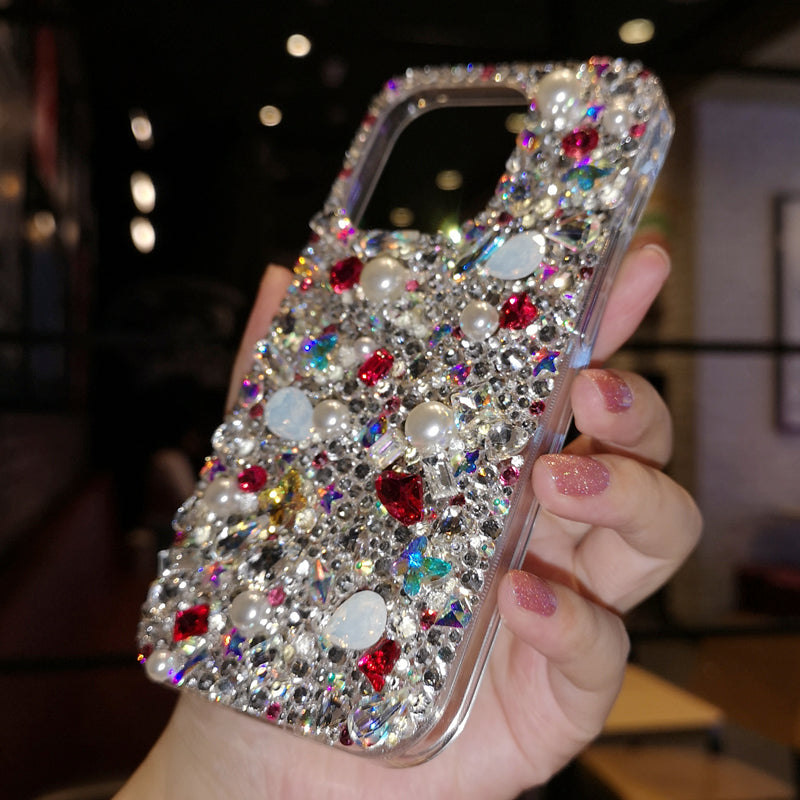 Funda para iPhone Samsung con diamantes de imitación preciosos hechos a mano con perlas