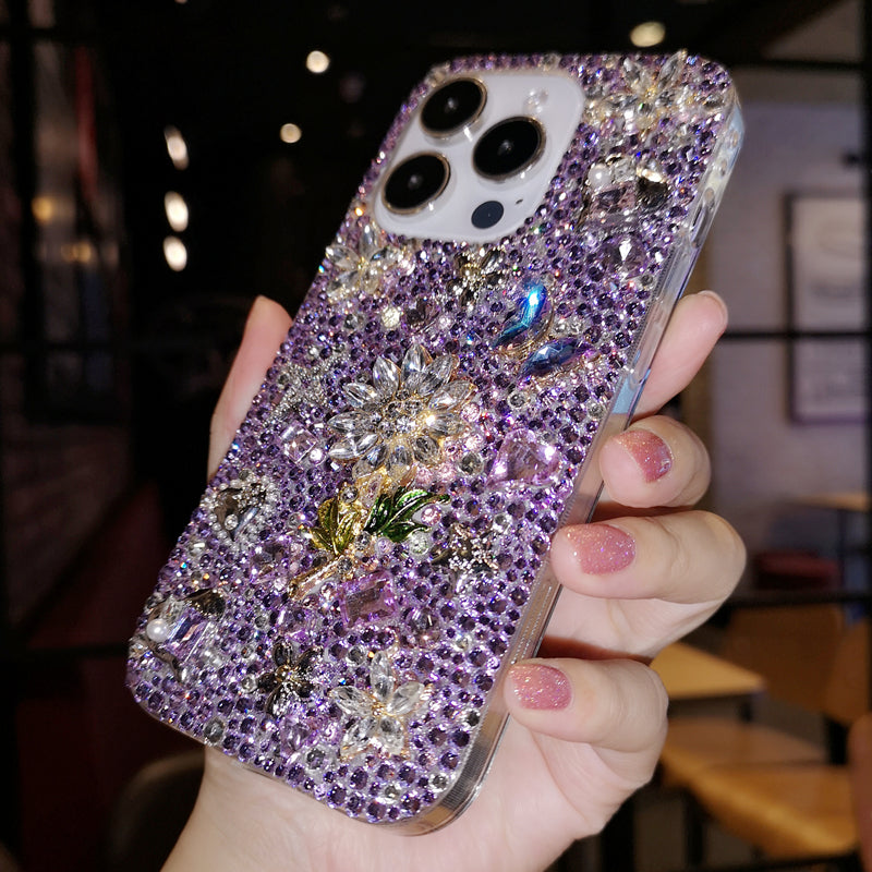 Handmade iPhone Case Luxury Bling Purple Rhinestone with Flower Back Case