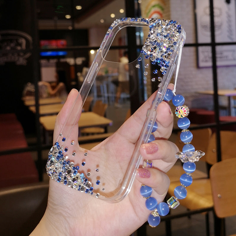 Handmade iPhone Case Minimalist Bling Blue Rhinestone Back Case