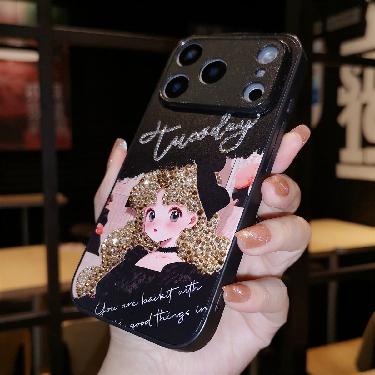 Handmade Minimalism Gold Rhinestone Anime Girl Case For iPhone