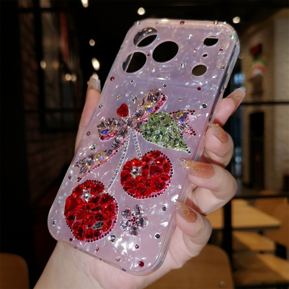 Handmade Minimalist Red Bling Crystals with Cherry For iPhone Case