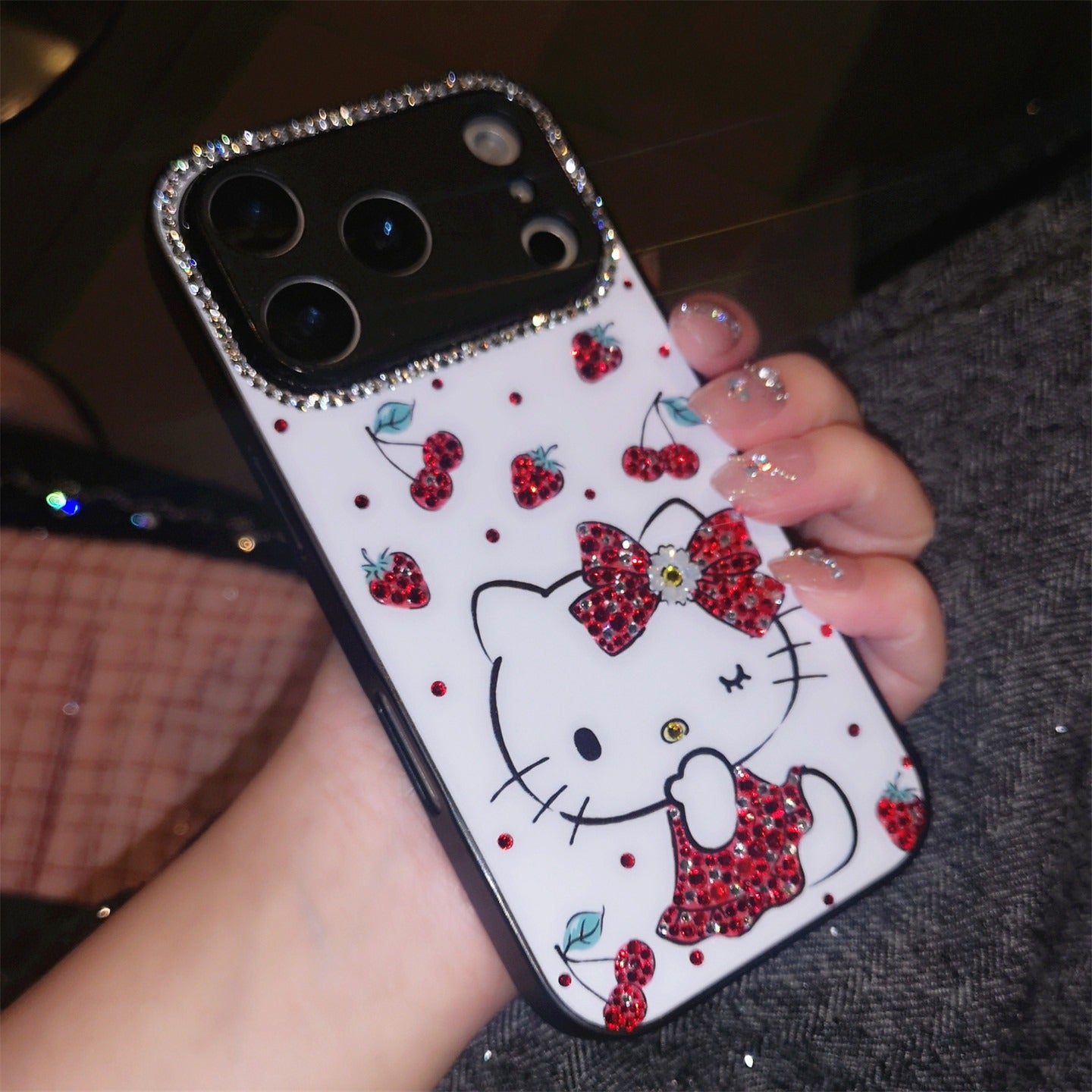 Handmade Minimalism Rhinestone Red Hello Kitty with Cherry iPhone Case