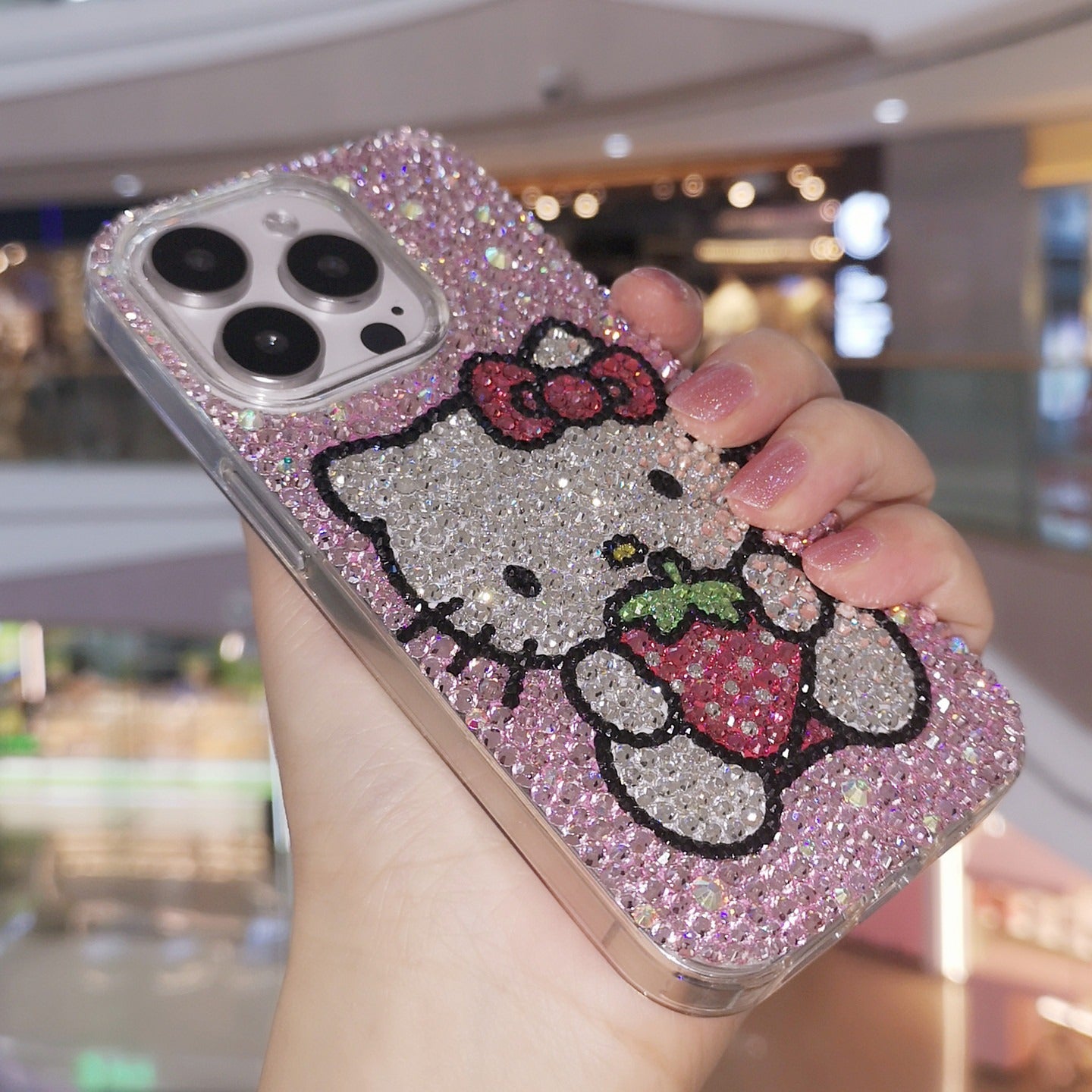 Handmade Gorgeous Bling Rhinestone iPhone Case Hello Kitty with Strawberry