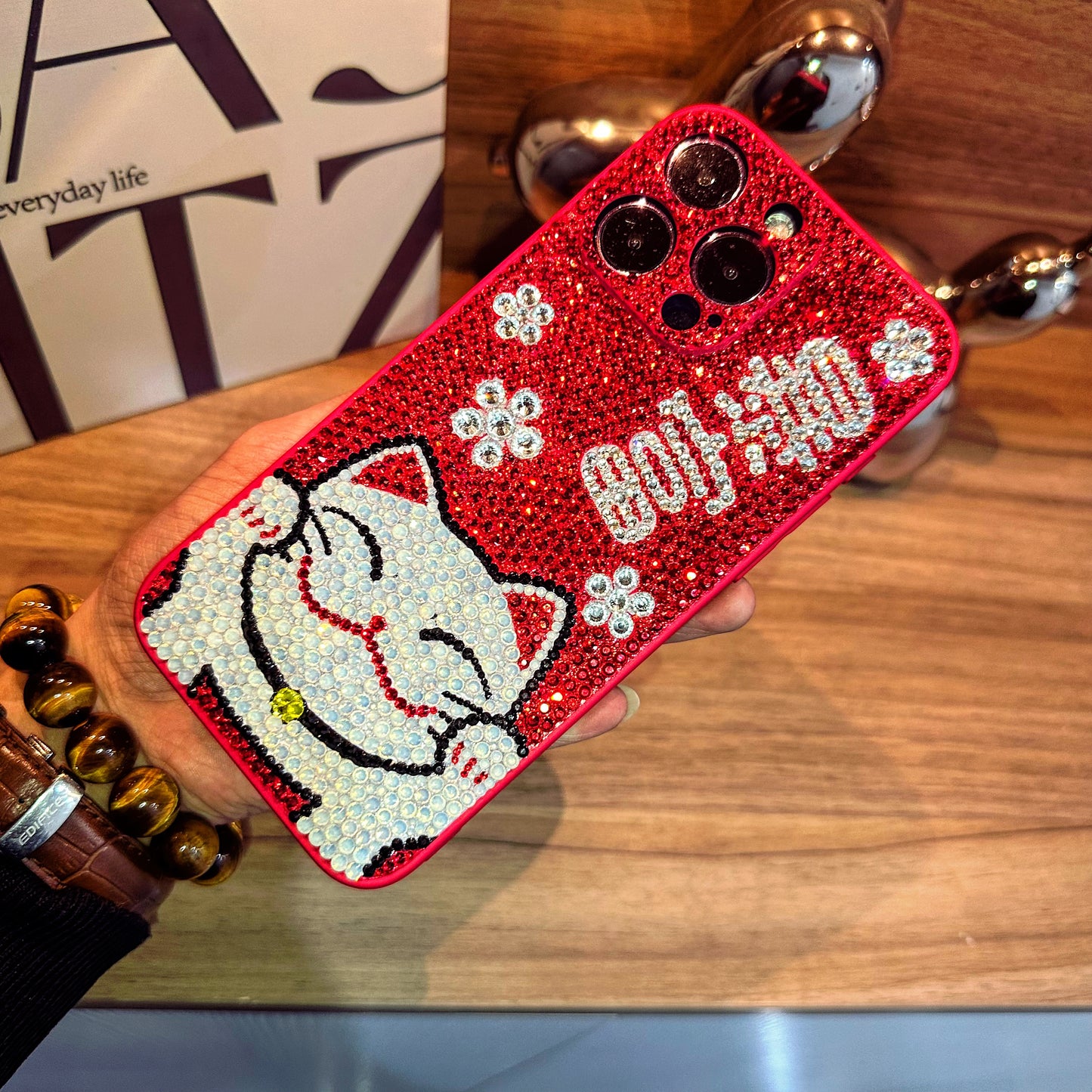 Handmade iPhone Case Luxury Bling Rhinestone Fortune Cat Back Case