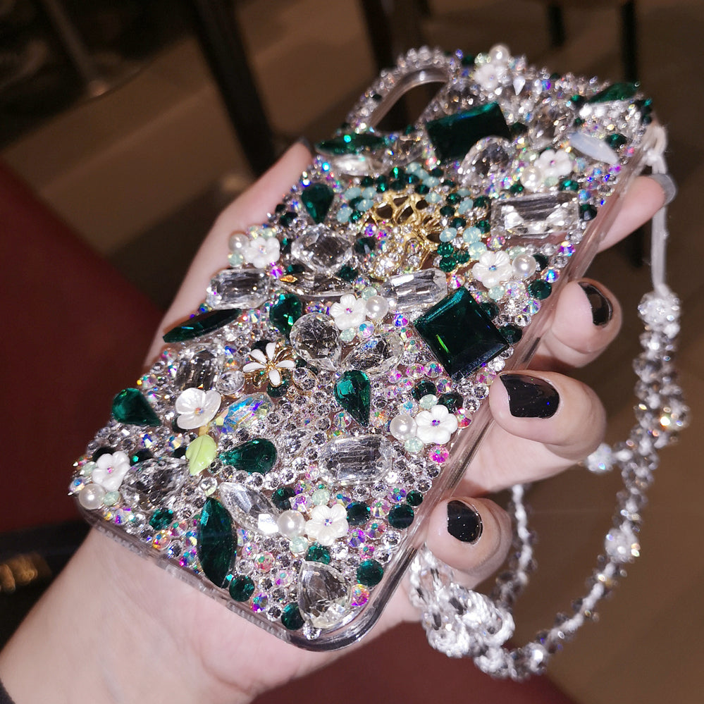 Handmade iPhone Case Luxury Bling Rhinestone and Emerald Stone with Lanyard