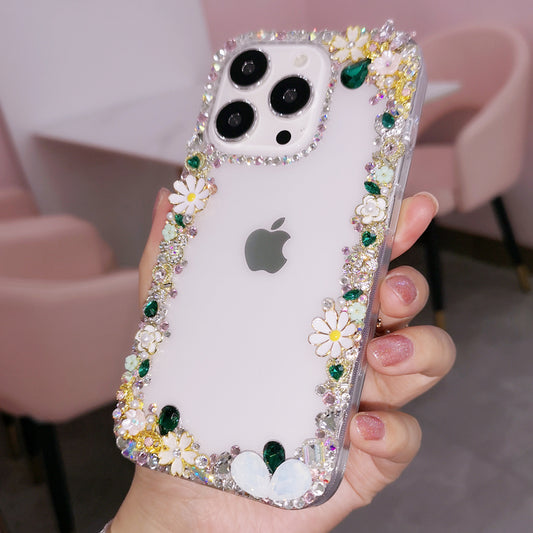 Handmade iPhone Case Minimalist Green Rhinestone with Flower