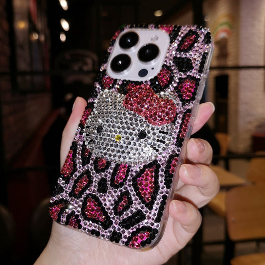 Handmade iPhone Case Luxury Bling Rhinestone Leopard 3D Hello Kitty Case