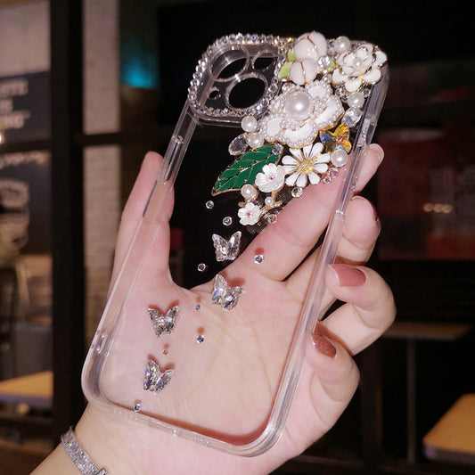 Handgemachte iPhone Hülle Luxus Bling Strass Minimalist Blumen Rückenhülle