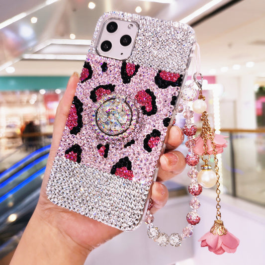 Handgemachte iPhone Hülle Luxus Bling Strass Pink Leopard RingStänder