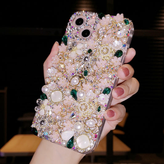 Handgemachte iPhone Hülle Luxus Bling Strass Perle und grüne Kristalle mit Blumen