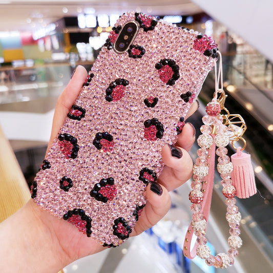 Handgemachte iPhone Hülle Luxus Bling Strass Pink Leopard Hülle mit Charm Kette