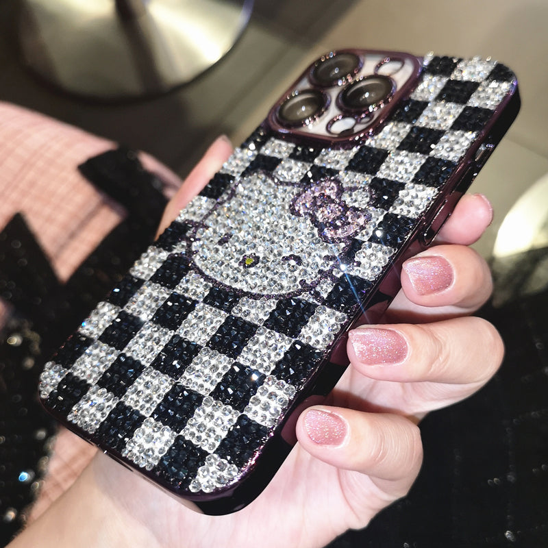 Handmade iPhone Case Luxury Bling Rhinestone Hello Kitty Black & White Check