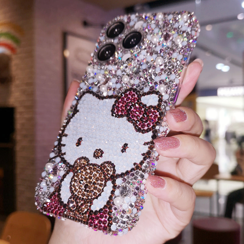 Handgemachte iPhone Hülle Luxus Bling Strass mit Perlen Hello Kitty Hülle