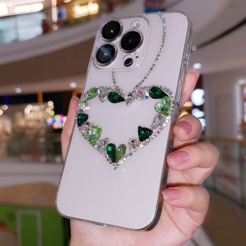 Handmade Minimalist Green Crystal Bling Heart For iPhone Case