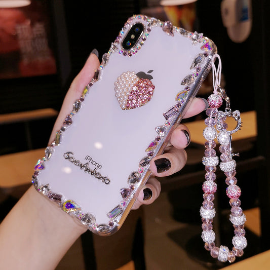 Handmade iPhone Case Minimalist Heart Bling Rhinestone Back Case with Charm Chain