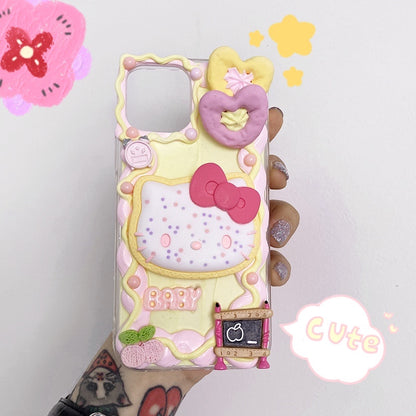 Handgemachte iPhone Hülle Süße Hello Kitty Schleife Decoden Creme Kleber Hülle