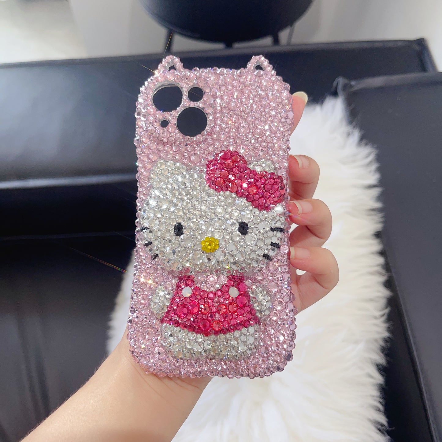 3D Hello Kitty Gorgeous Bling Pink Rhinestone with Cat Ears For iPhone Case