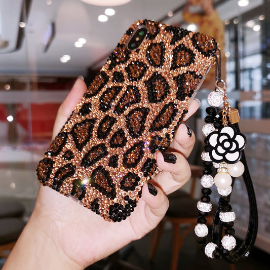 Handgemachte iPhone Hülle Luxus Bling Strass Braun Leopard Rückenhülle