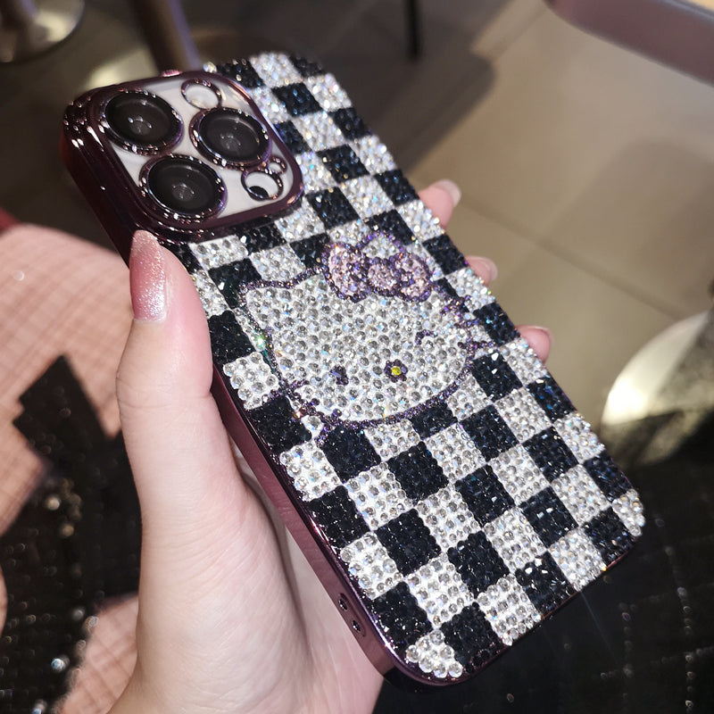 Handgemachte iPhone Hülle Luxus Bling Strass Hello Kitty Schwarz &amp; Weiß Kariert