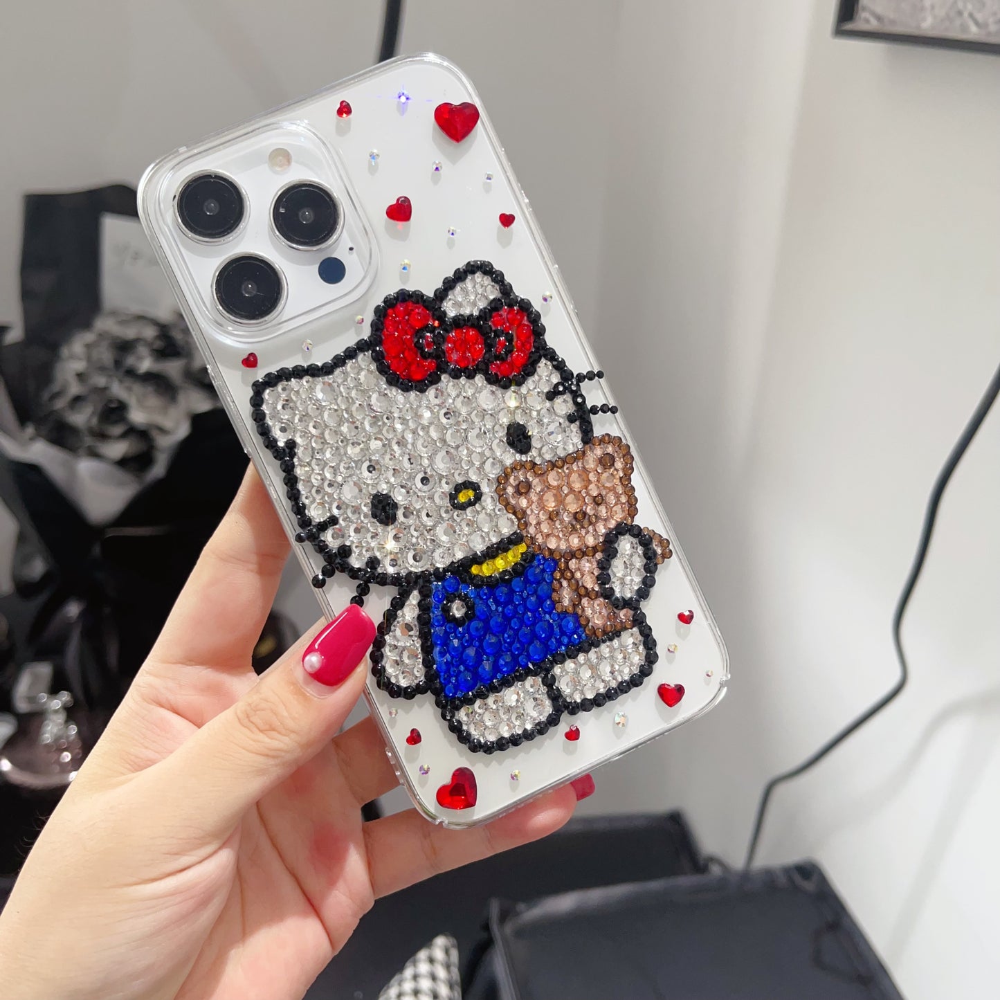 Hello Kitty & Bear Gorgeous Bling Rhinestone with Heart Crystal For iPhone Case