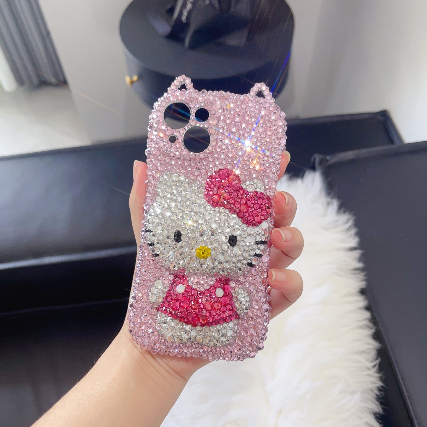 3D Hello Kitty Gorgeous Bling Pink Rhinestone with Cat Ears For iPhone Case