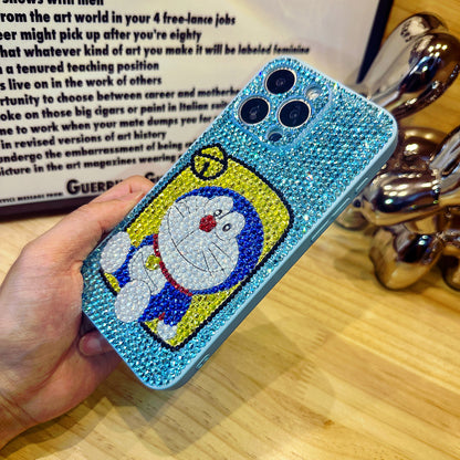 Handgemachte iPhone Hülle Luxus Blau Strass Niedliche Doraemon Hülle