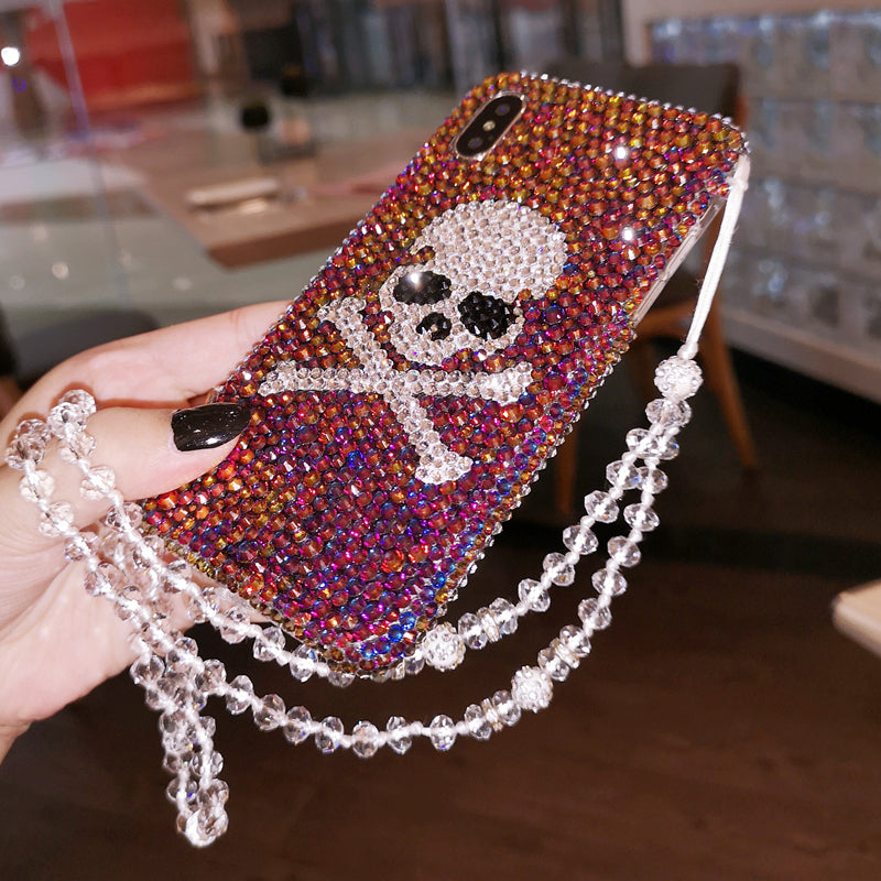 Handgemachte iPhone Hülle Luxus Bling Strass Totenkopf Muster mit Schlüsselband