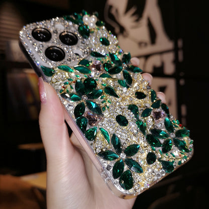 Handgemachte iPhone Hülle Luxus Bling Strass &amp; Smaragd Stein mit Blumen