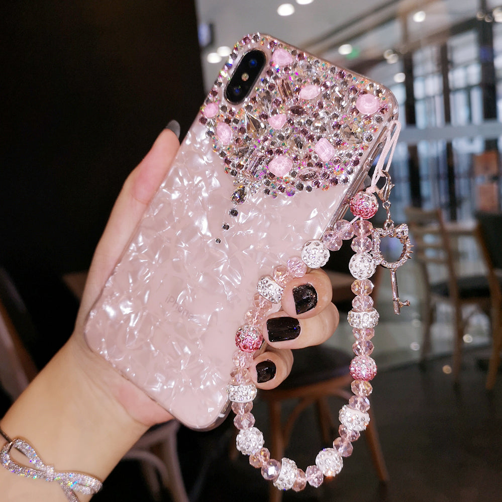 Handmade iPhone Case Luxury Bling Rhinestone Shell Pattern Case with Charm Chain