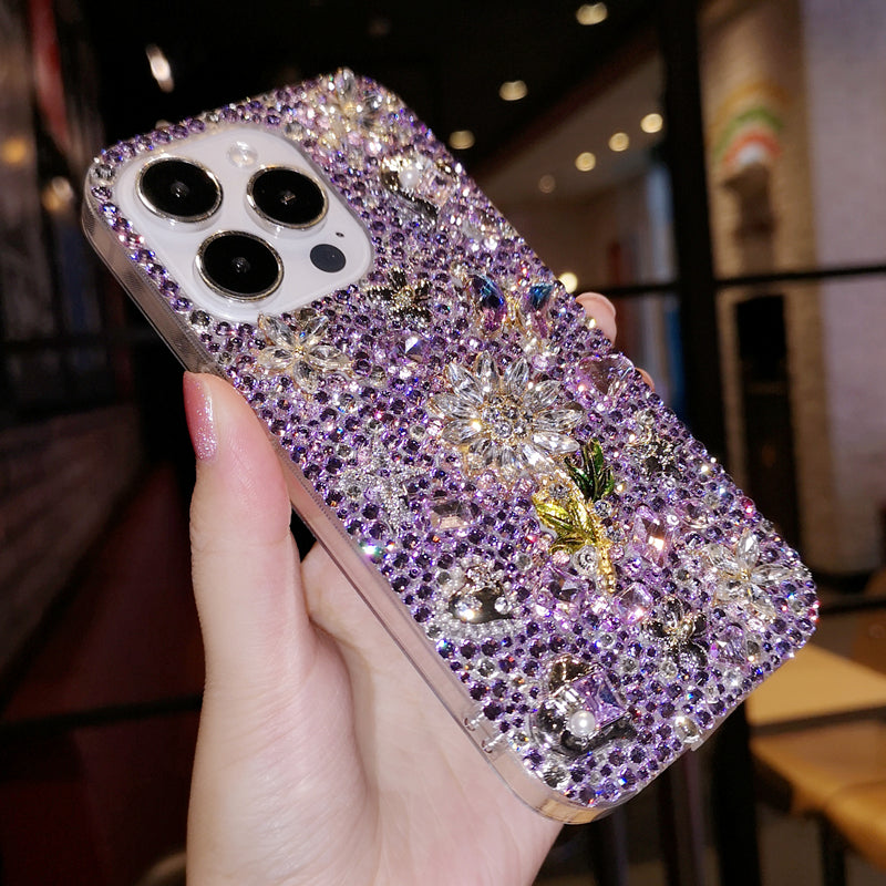 Handmade iPhone Case Luxury Bling Purple Rhinestone with Flower Back Case