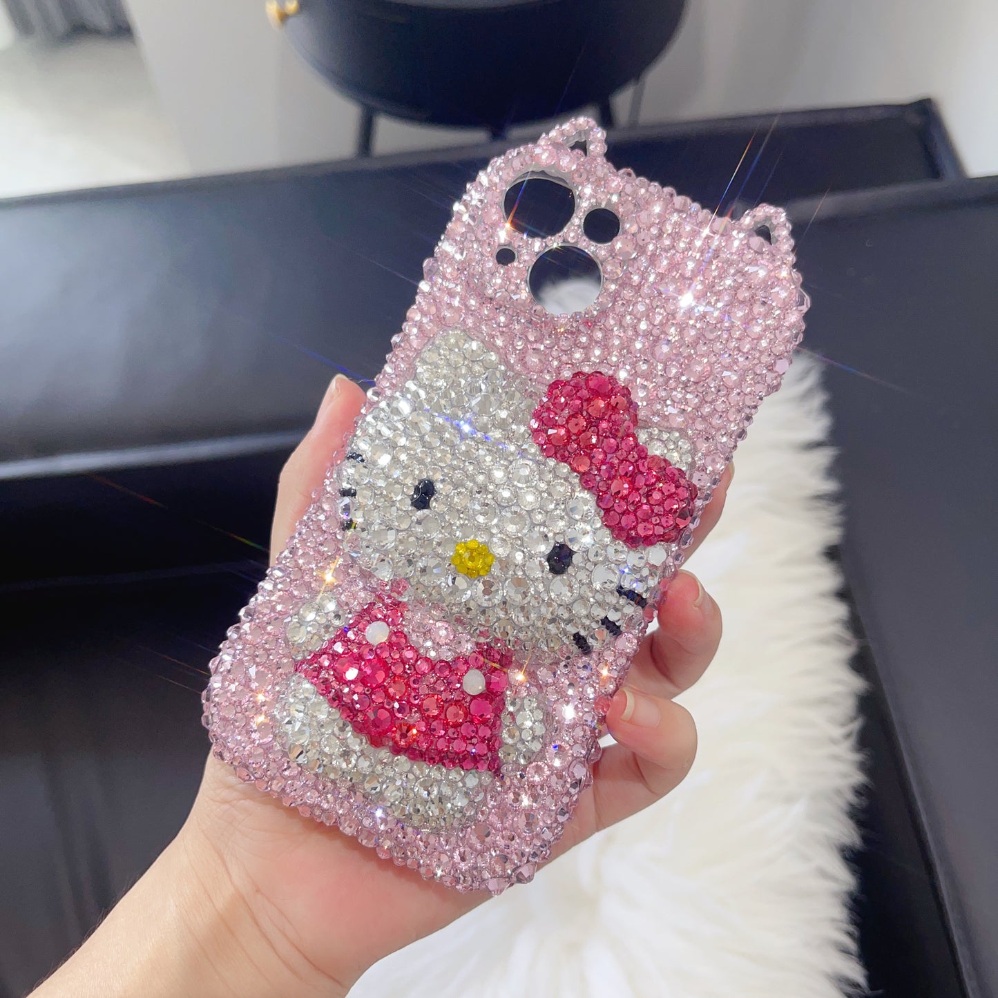 3D Hello Kitty Gorgeous Bling Pink Rhinestone with Cat Ears For iPhone Case