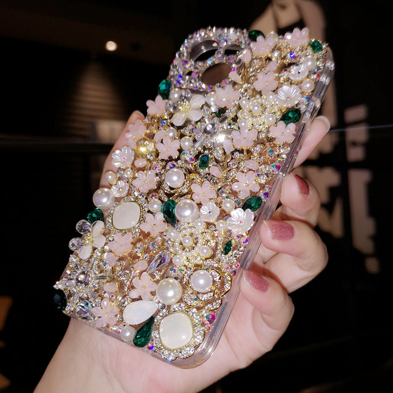 Handgemachte iPhone Hülle Luxus Bling Strass Perle und grüne Kristalle mit Blumen