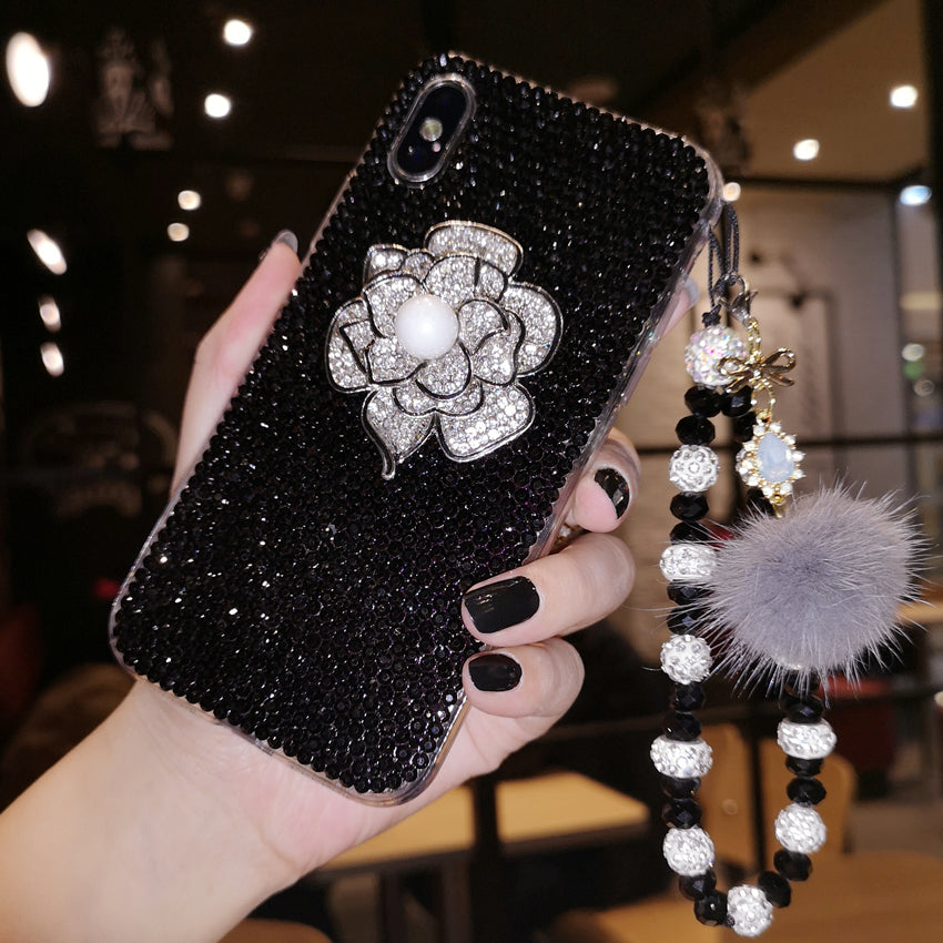 Handgemachte iPhone Hülle Glamouröse Bling Strass funkelnde Blume mit Perle