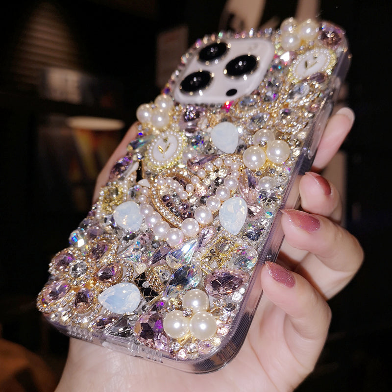 Handgemachte iPhone Hülle Luxus Bling Strass Perle und lila Kristalle