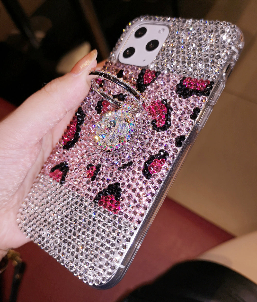 Handmade iPhone Case Luxury Bling Rhinestone Pink Leopard Ring Stand