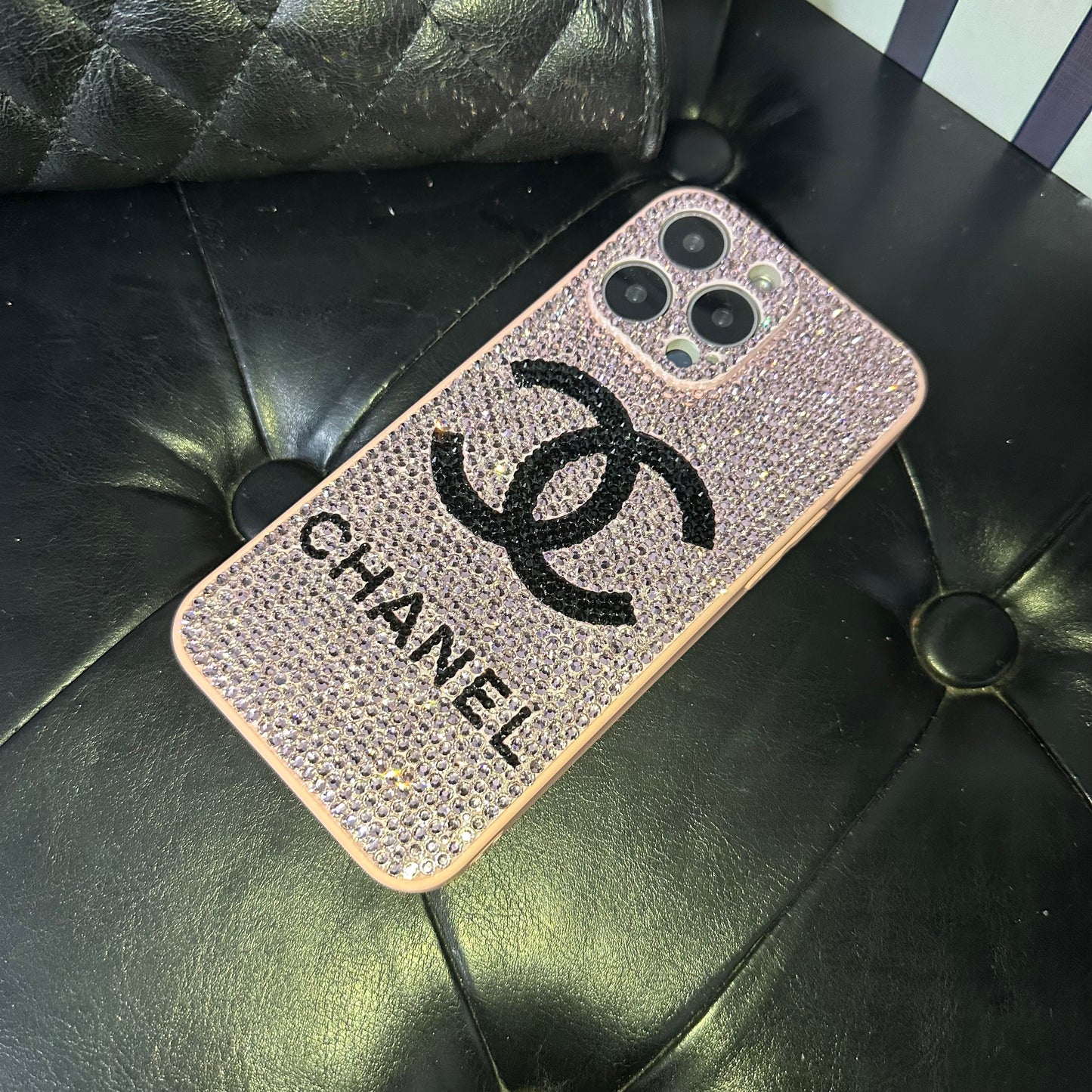 Handmade iPhone Case Luxury Bling Pink Rhinestone Monogram Pattern Case