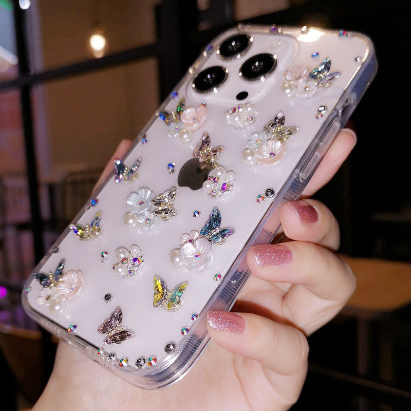 Handmade iPhone Case Minimalist Butterfly and Flowers Rhinestone Case