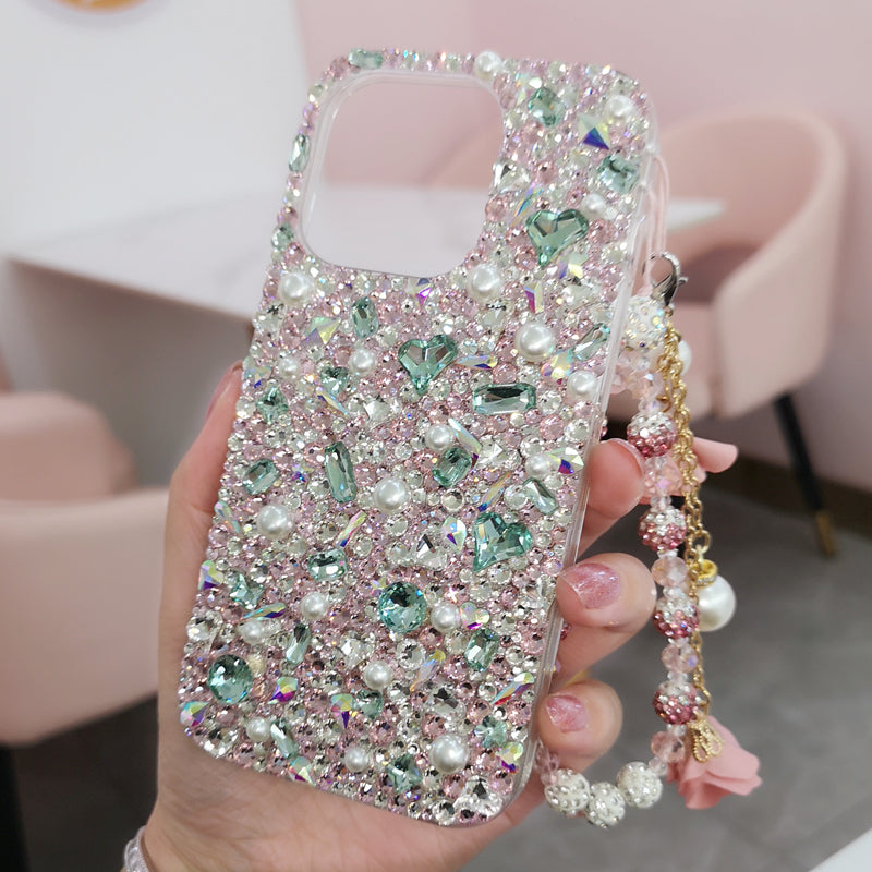 Handgemachte iPhone Hülle Luxus Bling Strass Perle und grüne Kristalle