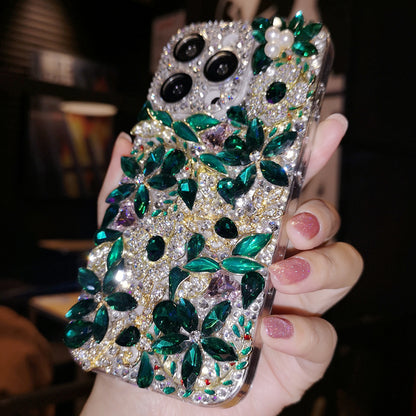 Handmade iPhone Case Luxury Bling Rhinestone & Emerald Stone with Flowers