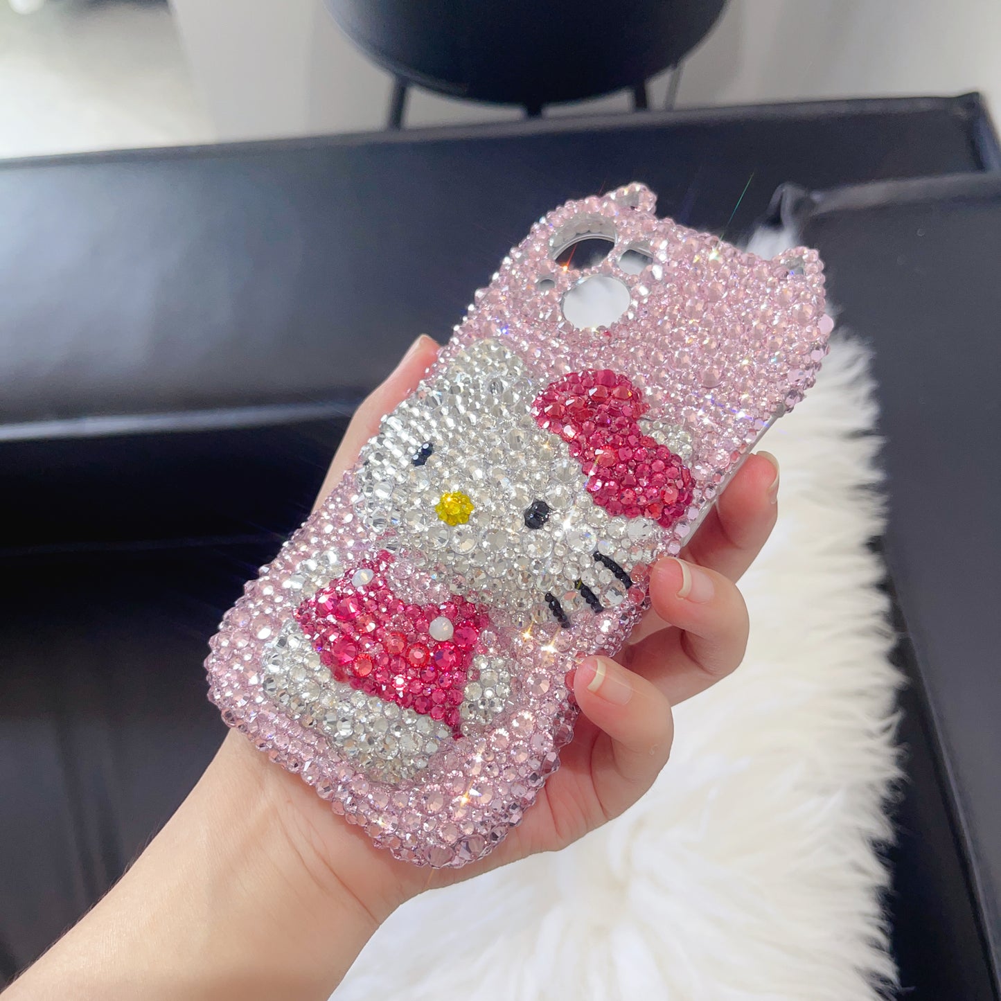 3D Hello Kitty Gorgeous Bling Pink Rhinestone with Cat Ears For iPhone Case