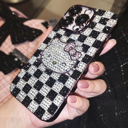 Handgemachte iPhone Hülle Luxus Bling Strass Hello Kitty Schwarz &amp; Weiß Kariert